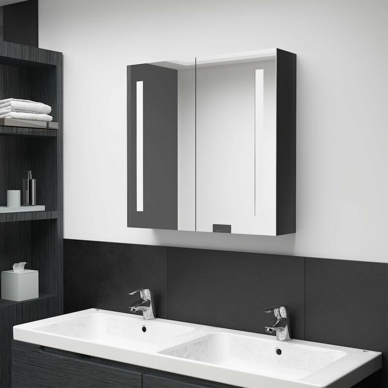 Armario de baño con espejo LED negro brillante 62x14x60 cm