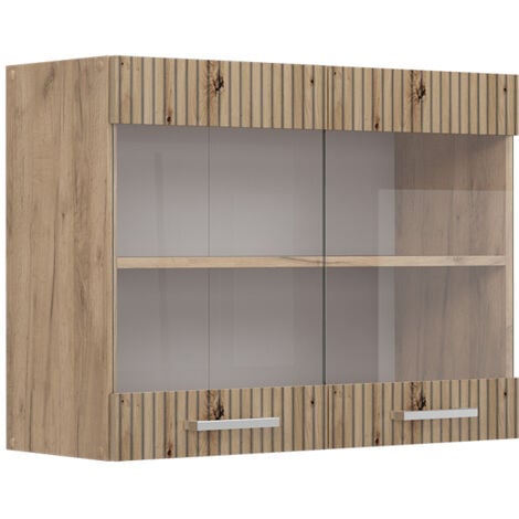 Armario de cocina con vidrio R-Line, Roble artesanal, 80 cm, Vicco