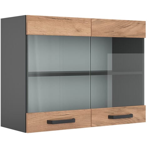 Armario de cocina con vidrio R-Line, Roble dorado, 80 cm, Vicco