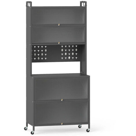 Armario de cocina de 6 niveles 80 x 40 x 178 cm con puertas batientes translúcidas diseño moderno acero al carbono gris 200016282