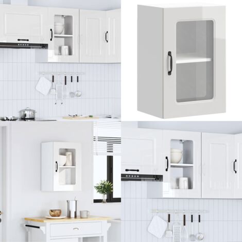 Armario de cocina de pared con puerta de cristal "Kalmar" de, madera de ingeniería blanca brillante - Armario de pared - Almacenamiento de cocina