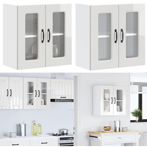 Armario de cocina de pared con puerta de cristal "Kalmar" de, madera de ingeniería blanca brillante - Armario de pared - Cocina organizada