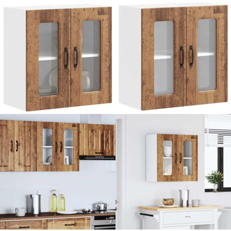 Armario de cocina de pared con puerta de cristal "Kalmar" de, madera de ingeniería envejecida - Armario de pared - Cocina organizada