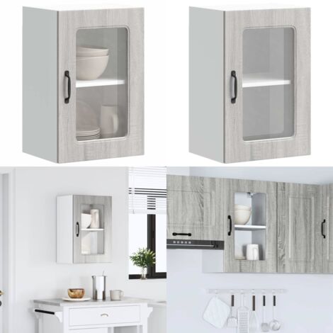 Armario de cocina de pared con puerta de cristal "Kalmar" de, madera de ingeniería Sonoma gris - Armario cocina - Armario de cristal