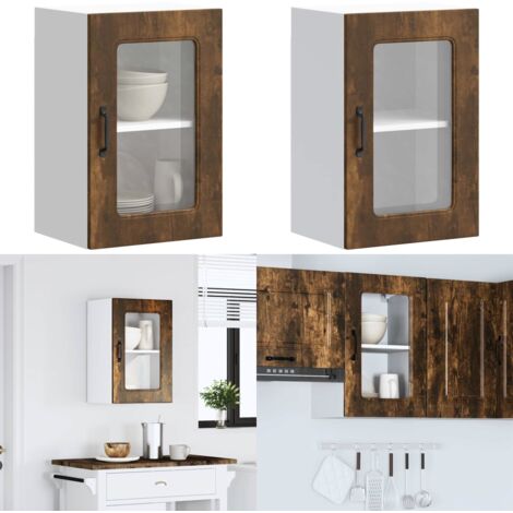 Armario de cocina de pared con puerta de cristal "Kalmar" de, roble ahumado, madera de ingeniería - Armario de pared - Almacenamiento de cocina