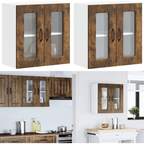 Armario de cocina de pared con puerta de cristal "Kalmar" de, roble ahumado, madera de ingeniería - Armario de pared - Cocina