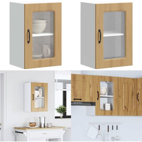 Armario de cocina de pared con puerta de cristal "Kalmar" de, roble artesanal, madera de ingeniería - Armario de pared - Almacenamiento cocina