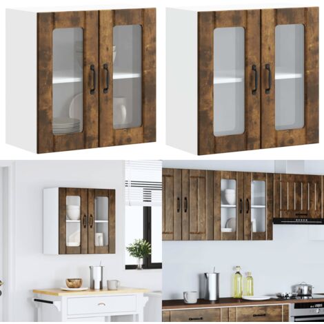 Armario de cocina de pared con puerta de cristal "Lucca" de, madera de ingeniería de roble ahumado - Armario de pared - Cocina organizada