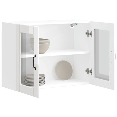 Armario de cocina de pared con puerta de cristal "Lucca", madera de ingeniería blanca brillante