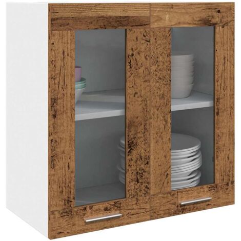 Armario de cocina de pared "Lyon" con puerta de cristal, madera vieja,, 60x31x60 cm