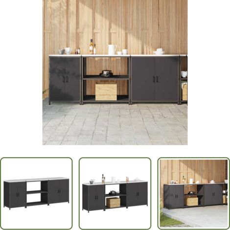 Armario de cocina -  Juego de Almacenamiento de Cocina con estante 3 pcs Negro Acero