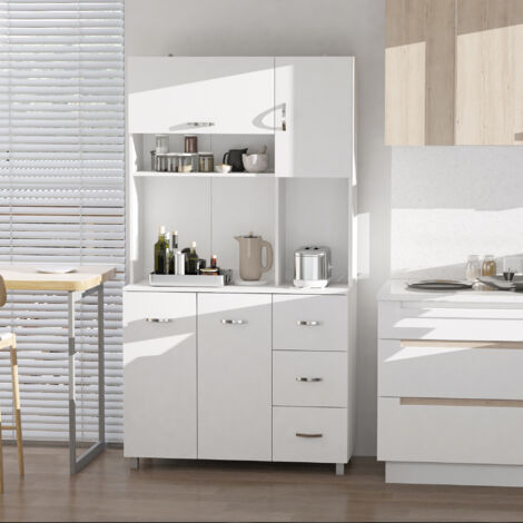 Armario de Cocina Moderno Mueble Auxiliar con 3 Cajones 4 Puertas y Estantes Ajustables 100x39,5x183,5 cm Blanco