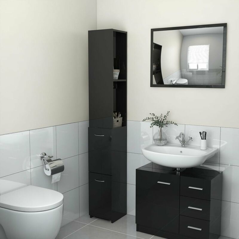 

Armario de cuarto de bano aglomerado negro brillo 25x25x170 cm