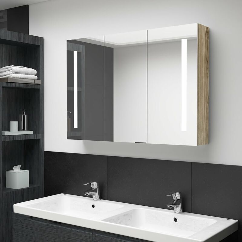 

Armario de cuarto de baño con espejo y LED 89x14x62 cm roble