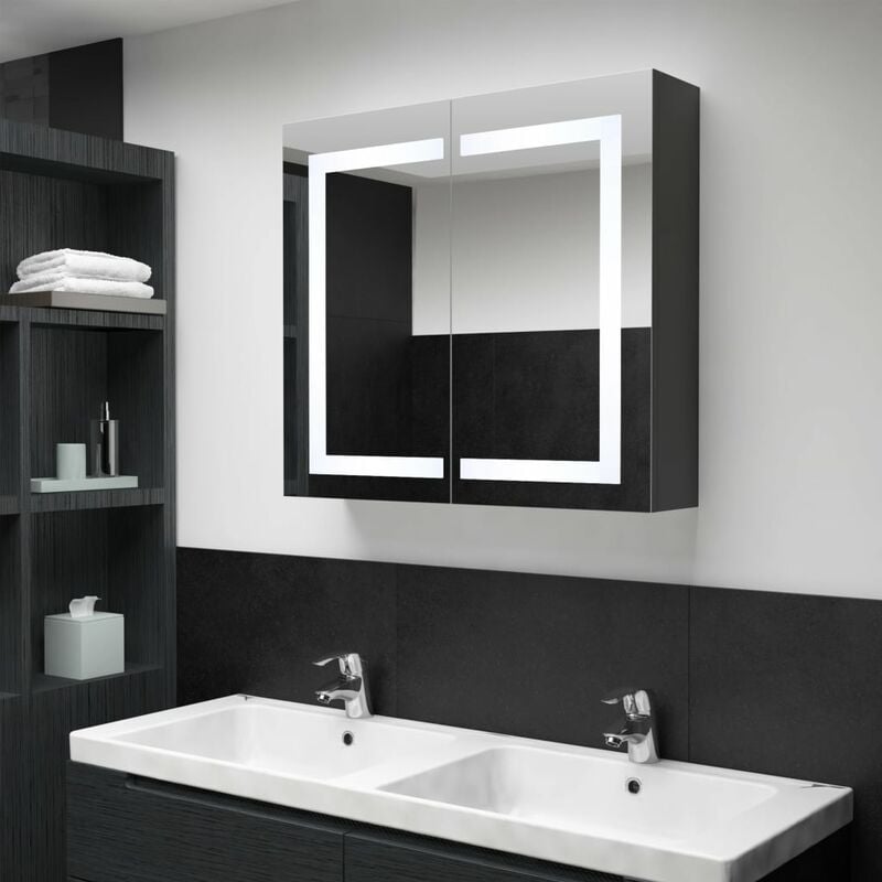 

Armario de cuarto de baño con espejo y LED 80x12,2x68 cm - Antracita