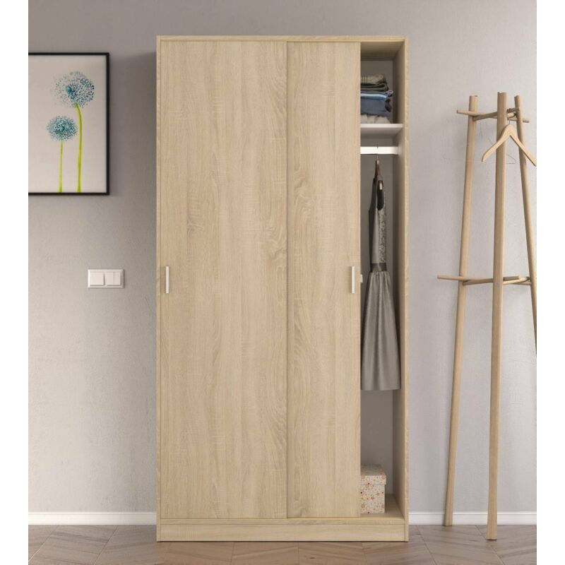 

Armario con dos puertas correderas con perchero y un estante interior, cm 100x50h200, color Roble