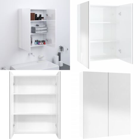 Armario de espejo de baño MDF blanco brillante 60x15x75 cm - Armario con espejo - Armario de pared