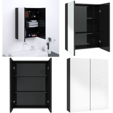 Armario de espejo de baño MDF negro brillante 60x15x75 cm - Armario con espejo - Armario de pared