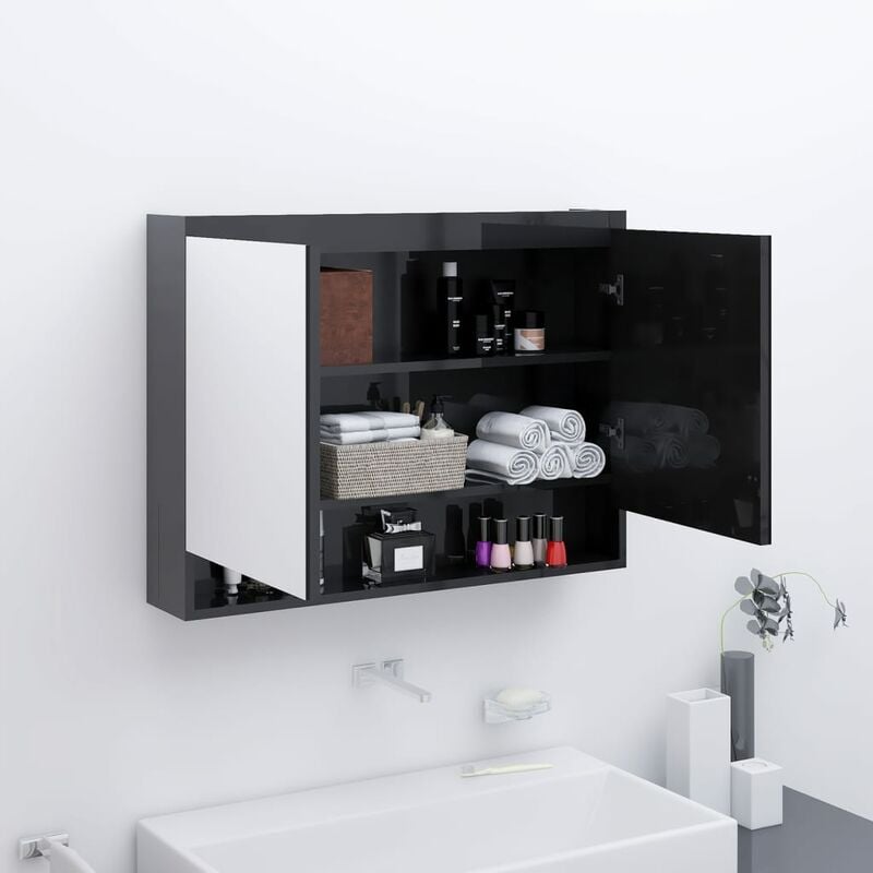 

BHD - Armario de espejo de baño MDF negro brillante 80x15x60 cm