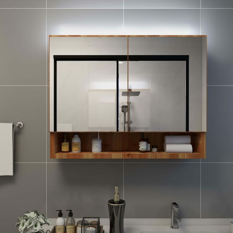 

Armario de espejo de baño con LED MDF color roble 80x15x60 cm - Marrón