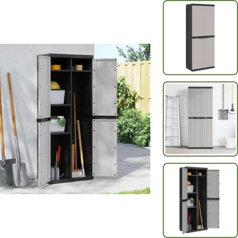 Armario de exterior PP - vidaXL Armario de almacenaje exterior PP gris y negro 65x37x165 cm - Armario de jardín con cerradura