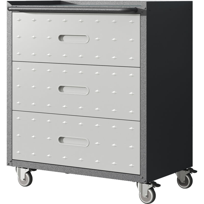 Armario de herramientas de metal resistente con ruedas, carro de herramientas con 3 cajones, 75 × 42 × 88 cm, negro/gris, para garaje, oficina y