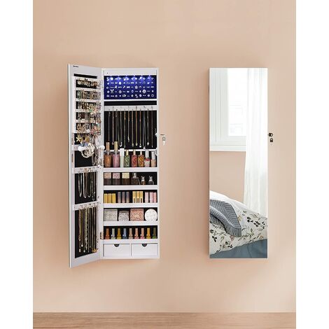 Armario de Joyería Colgante, Armario con Espejo con Iluminación Interior LED, Armario de Pared con Espejo de Cuerpo Entero, Montaje en Pared, Colgado en la Puerta, Regalo, Blanco JJC99WT
