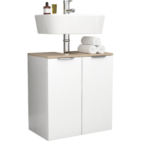 Armario de lavabo de madera VCM  Armario de baño  Dimensiones: AL. 60 x AN. 56 x T. 34 cm  2 puertas giratorias grandes - Donali (Blanco / Roble Sonoma)