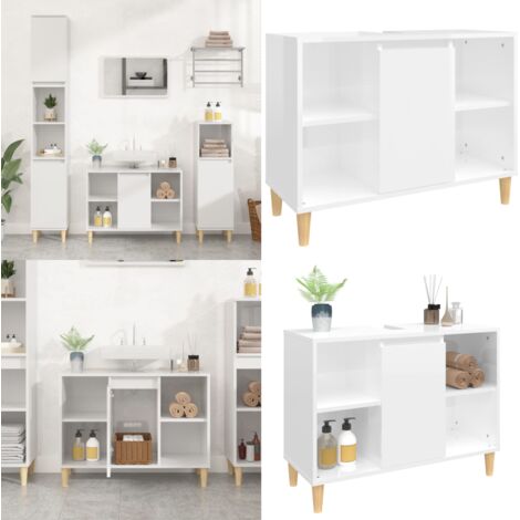Armario de lavabo madera contrachapada blanco brillo 80x33x60cm - Armario de lavabo - Armario de baño madera