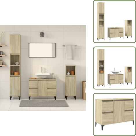 Armario de lavabo - vidaXL Set de muebles de baño 3 pzas madera contrachapada roble Sonoma - Muebles de baño con puerta