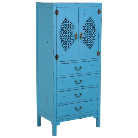 Armario de madera con 4 cajones y 2 puertas de azul 60x40x140h cm