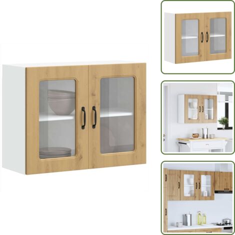 Armario de madera - vidaXL Armario de cocina de pared con puerta de cristal "Kalmar" de, roble artesanal, madera de ingeniería - Armario de cristal