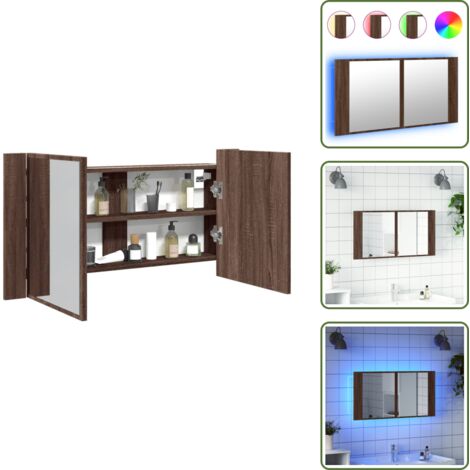 Armario de maquillaje - vidaXL Armario espejo de baño LED acrílico marrón roble 90x12x45 cm - Armario de baño con luz RGB