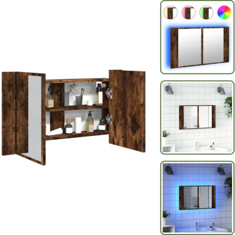 Armario de maquillaje - vidaXL Armario espejo de baño LED acrílico roble ahumado 80x12x45 cm - Armario de baño con luz RGB