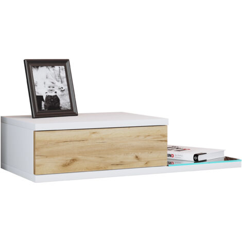 Armario de noche VCM  cajón de pared  tablero de pared  mesita de noche  dimensiones aprox. AL. 15 x AN. 65 x P. 30 cm - Konsila L (Blanco / Roble de Miel)