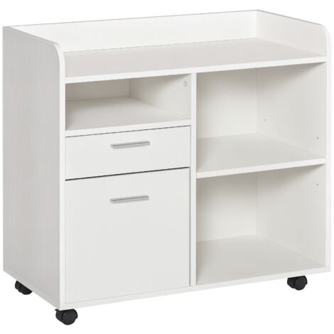 Armario de oficina para impresora con 3 compartimentos 2 cajones para archivos estante ajustable ruedas con 2 frenos 80x40x72 cm blanco