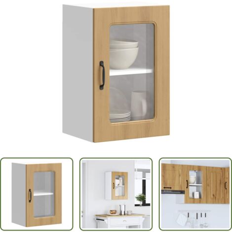 Armario de pared -  Armario de cocina de pared con puerta de cristal "Kalmar" de, roble artesanal, madera de ingeniería