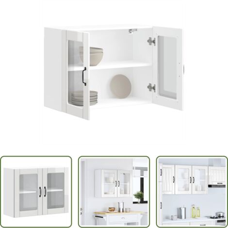 Armario de pared -  Armario de cocina de pared con puerta de cristal "Lucca", madera de ingeniería blanca brillante