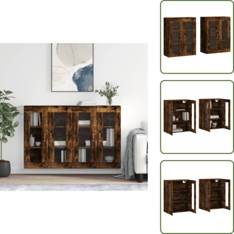 Armario de pared con vidrio - vidaXL Armarios de pared 2 uds madera de ingeniería roble ahumado - Armario de almacenamiento
