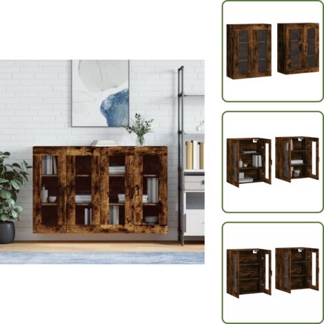 Armario de pared con vidrio - vidaXL Armarios de pared 2 uds madera de ingeniería roble ahumado - Armario de almacenamiento