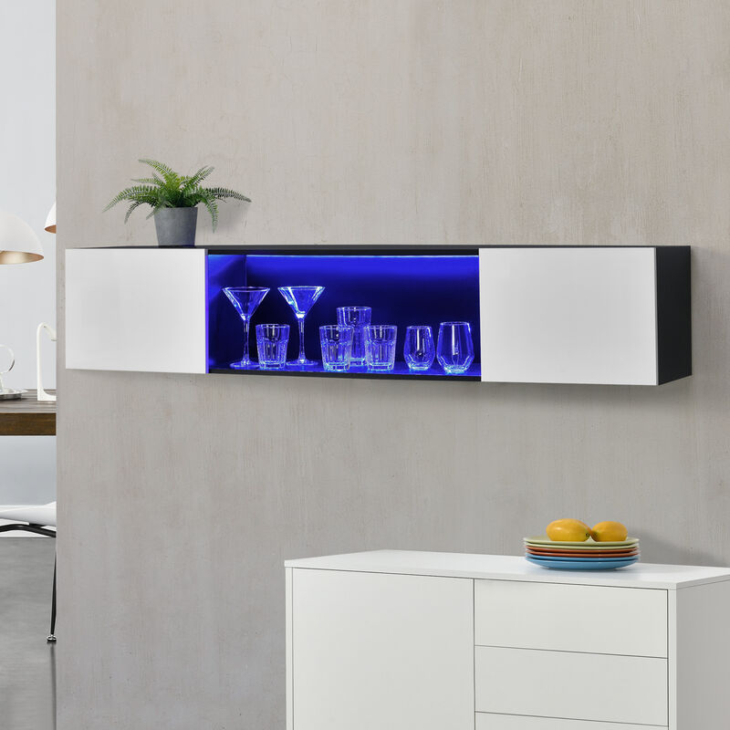 

Armario de pared elegante con iluminación LED Azul - 150 x 30 x 30 cm - Mueble de Salón para TV Flotante - Cómoda - Consola - 2 Puertas y un Estante