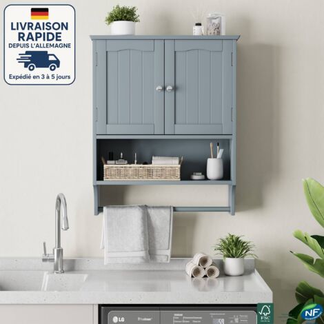 Armario de pared gris 56,8×19×70 cm – Mueble de baño con 2 puertas – Estilo escandinavo – Estante ajustable – Resistente a la humedad – Estante abierto + Toallero