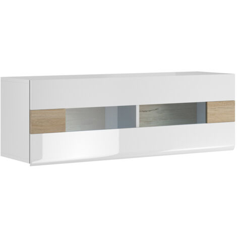 Armario de pared Torsone 116, Blanco + Blanco brillante + Roble sanremo, 44x131cm, Número de puertas: 137cm, Aglomerado laminado, Vidrio