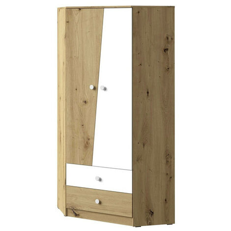 Armario de rincón Almira 101, Roble Artisan + Blanco, 191x87x87cm, Puertas de armario: Con bisagras, Número de estantes: 3
