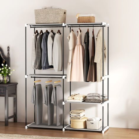 Armario de Ropa Armario Abierto con 4 Estantes de Tela 3 Barras para Colgar Marco de Metal 142x43x185 cm Gris Claro