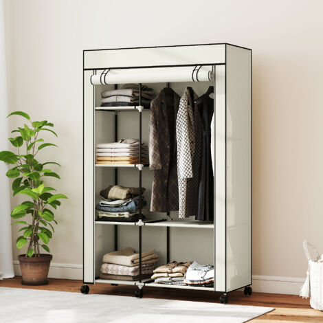 Armario de Tela con Ruedas Ropero Portátil con 6 Estantes y 1 Barra de Colgar para Dormitorio 103x43x162,5cm Crema