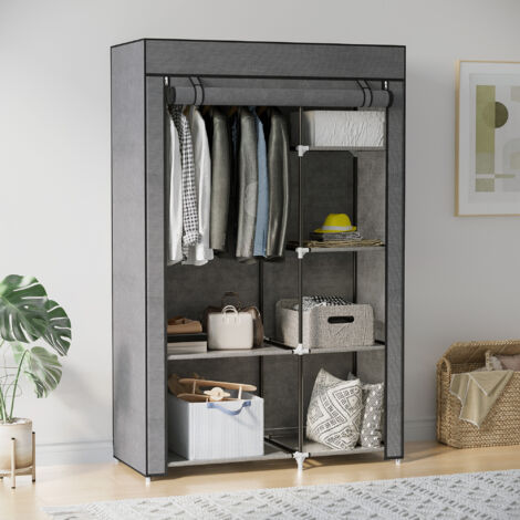 Armario de Tela Plegable Ropero Portátil con 6 Estantes y 1 Barra de Colgar para Dormitorio 103x43x162,5cm Gris Oscuro