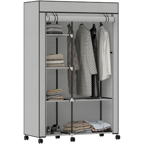 Armario de tela, unidad de almacenamiento, 6 ruedas, barra para colgar ropa y estantes abiertos, 103 x 43 x 162,5 cm, gris