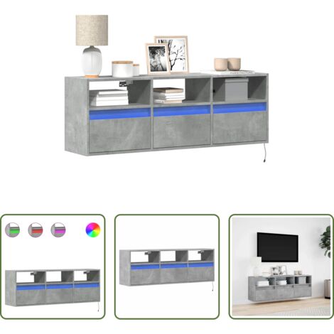 Armario de TV -  Mueble de TV de pared con luces LED gris hormigón 130x31x45 cm