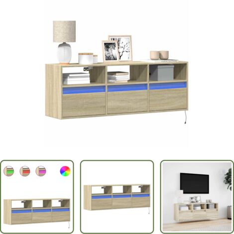 Armario de TV -  Mueble de TV de pared con luces LED roble Sonoma 130x31x45 cm